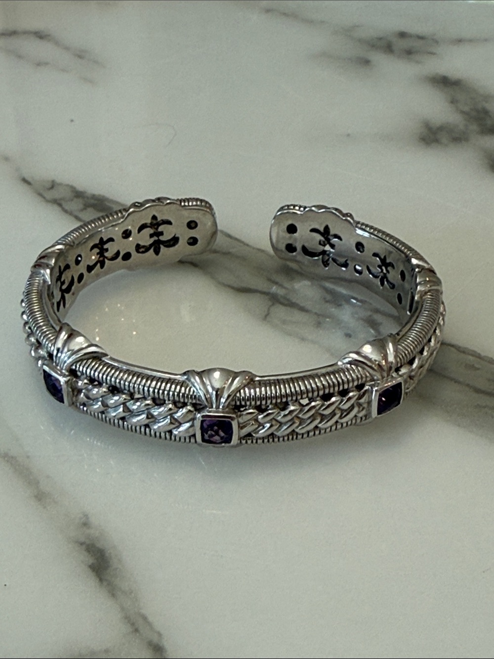 Judith Ripka sterling silver hinged bracelet with amethysts